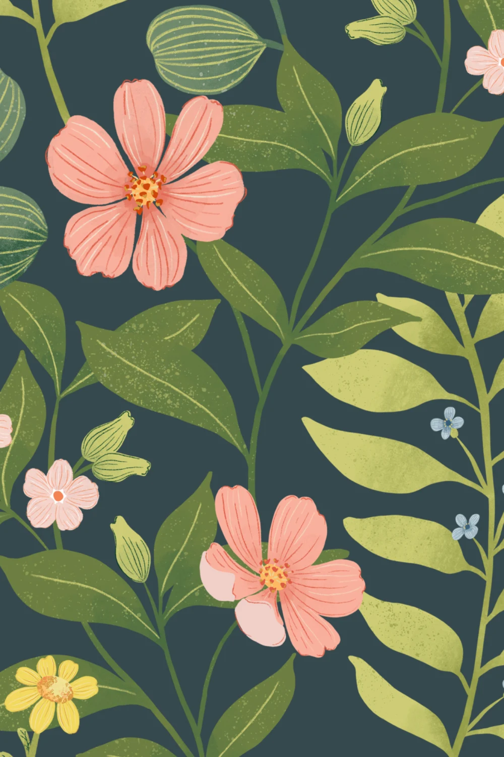 Dark Navy Floral Garden Repeat Pattern Wallpaper