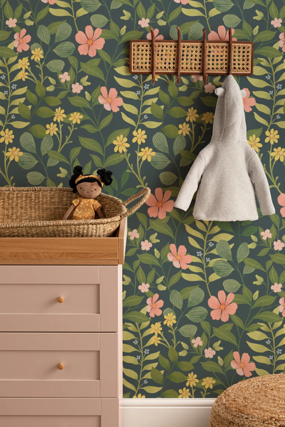 Dark Navy Floral Garden Repeat Pattern Wallpaper