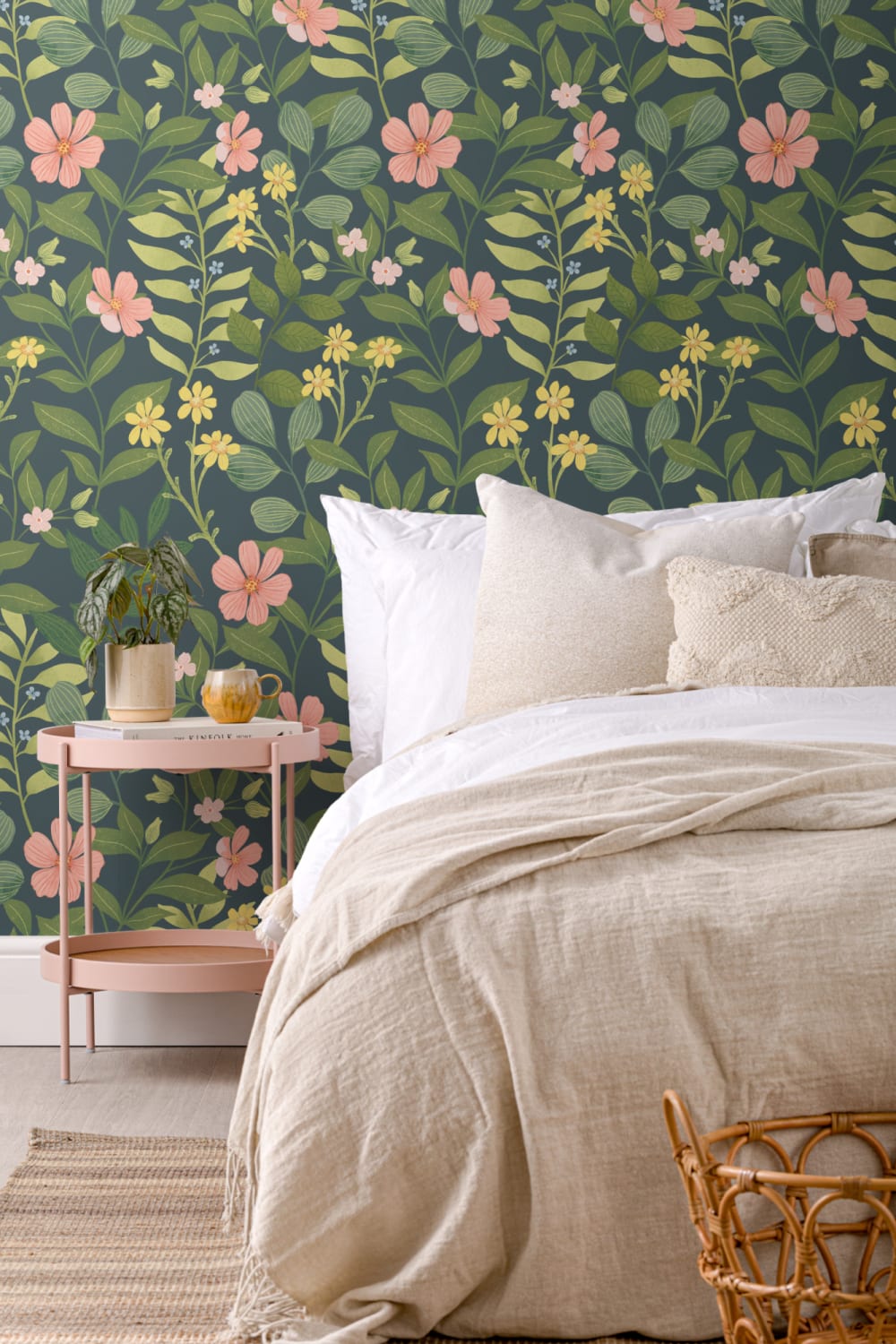 Dark Navy Floral Garden Repeat Pattern Wallpaper