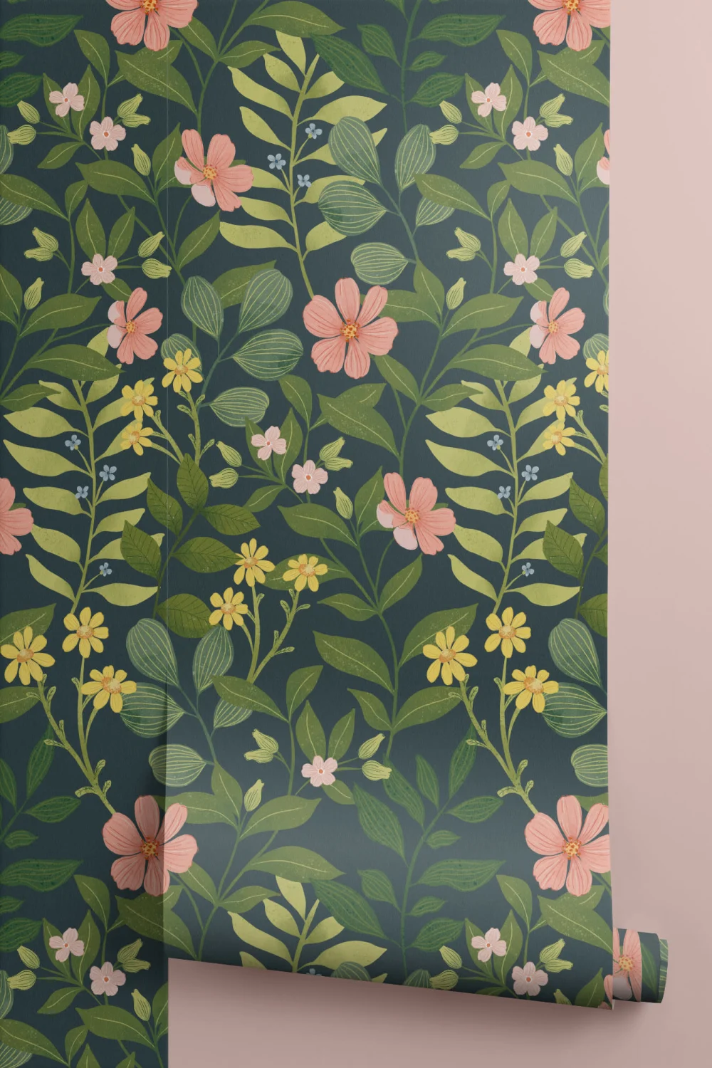 Dark Navy Floral Garden Repeat Pattern Wallpaper