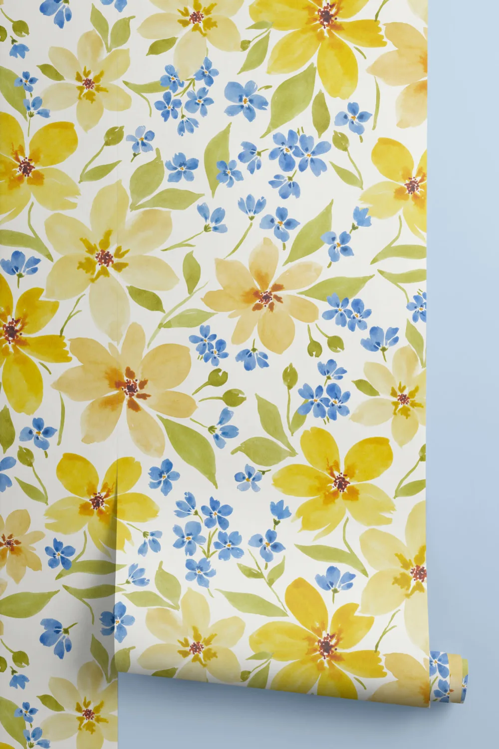 Yellow and Blue Watercolor Flowers Wallpaper