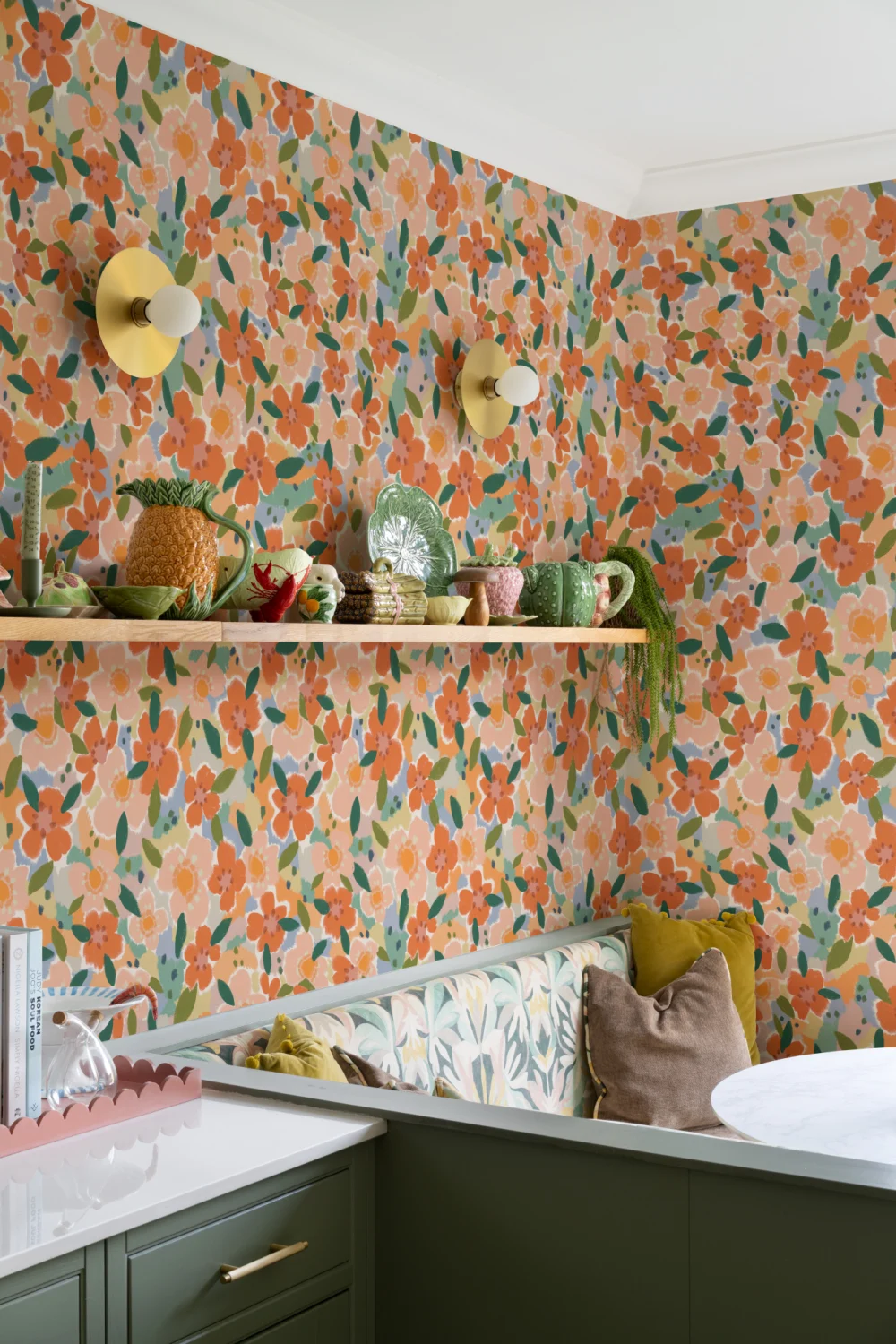 Papel de parede floral divertido estilo pintado a óleo laranja