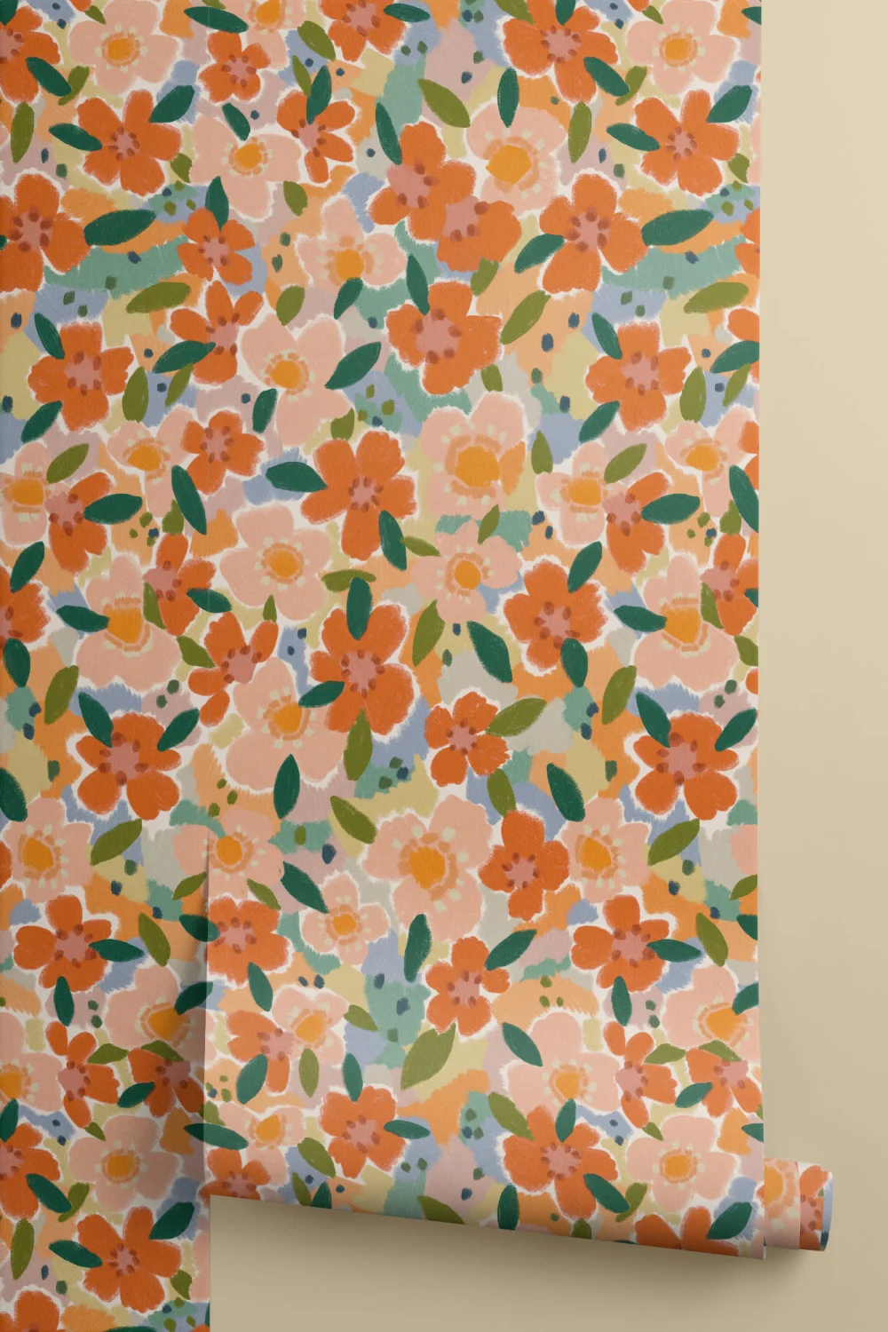 Papel de parede floral divertido estilo pintado a óleo laranja