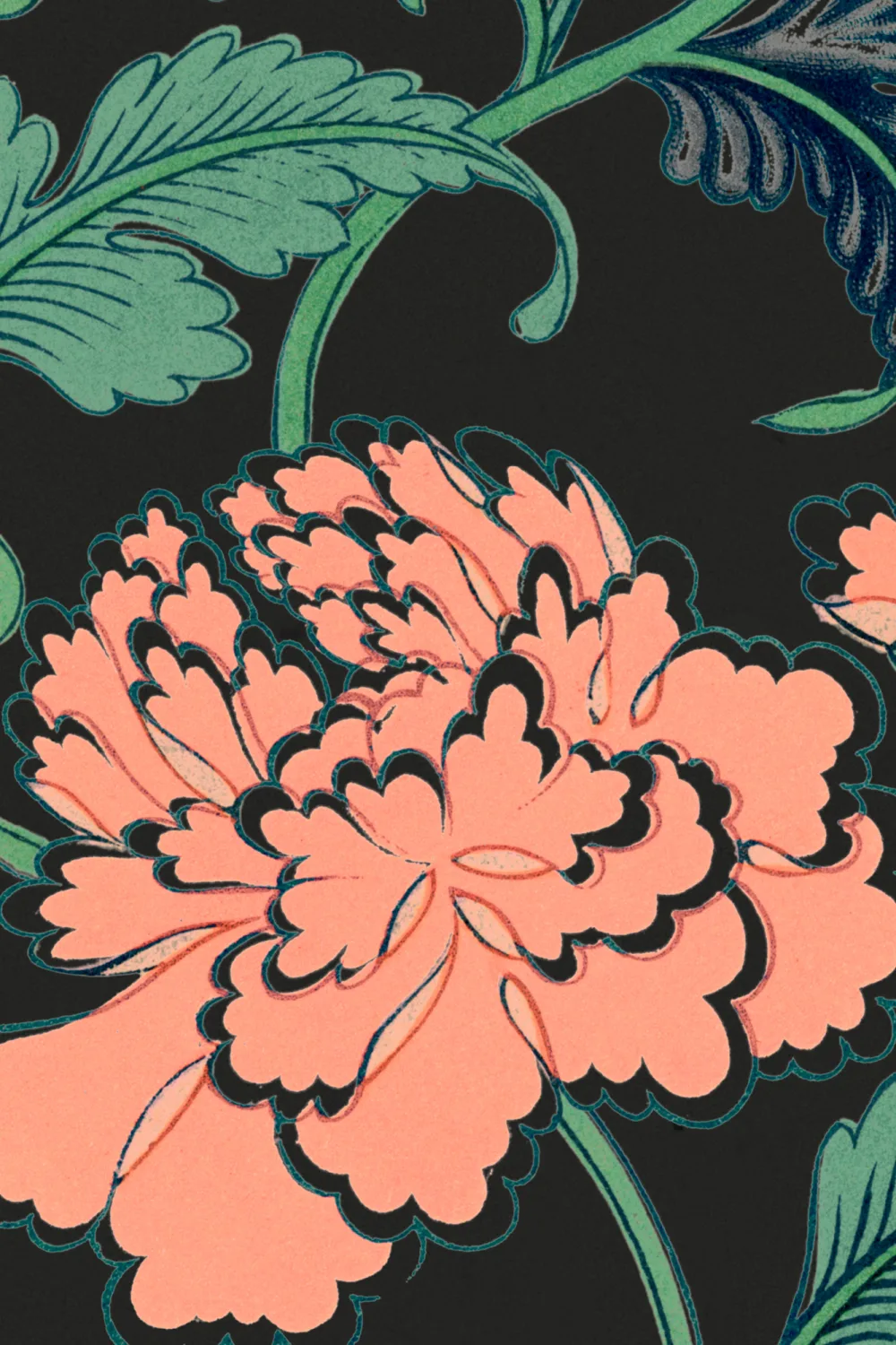 Panoramique chinoiserie pivoines sur fond noir