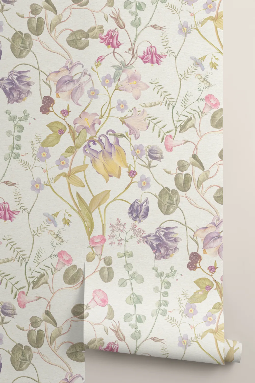 Evelina Pink Floral Wallpaper with Hand Drawn Vintage Botanical Pattern