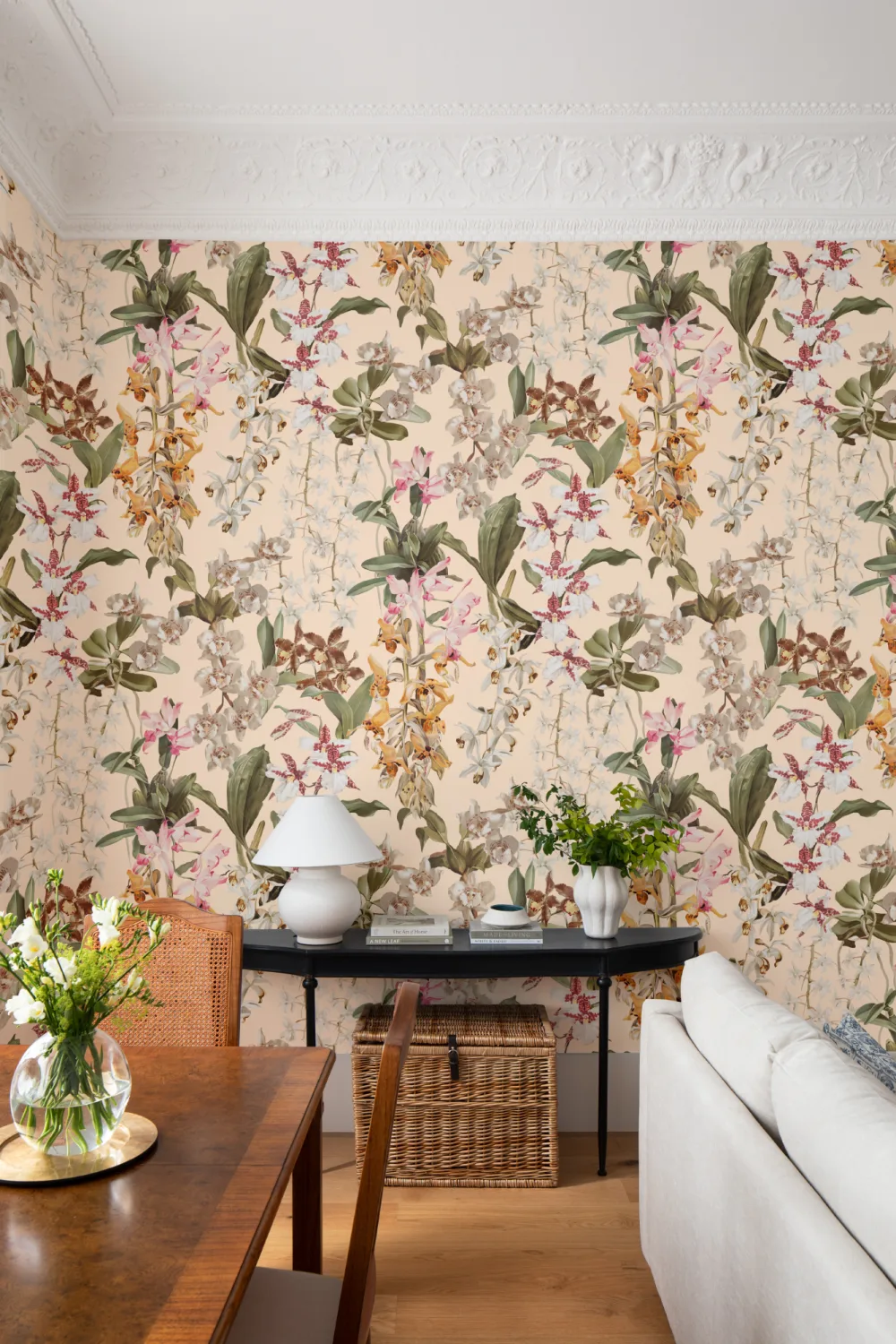Beige botanisk elegance blomster-fototapet til rolige rum