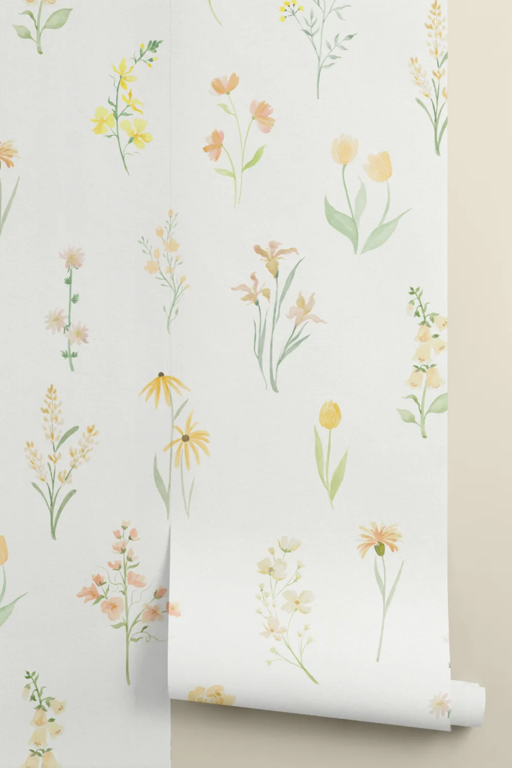 Gul blomsterfototapet med vilde blomster til en frisk og lys stemning