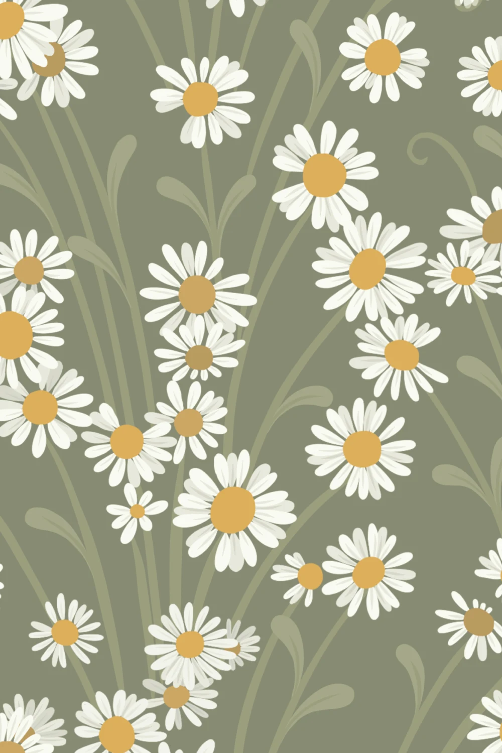 Green Vintage Floral Pattern Mural With Daisies Mural