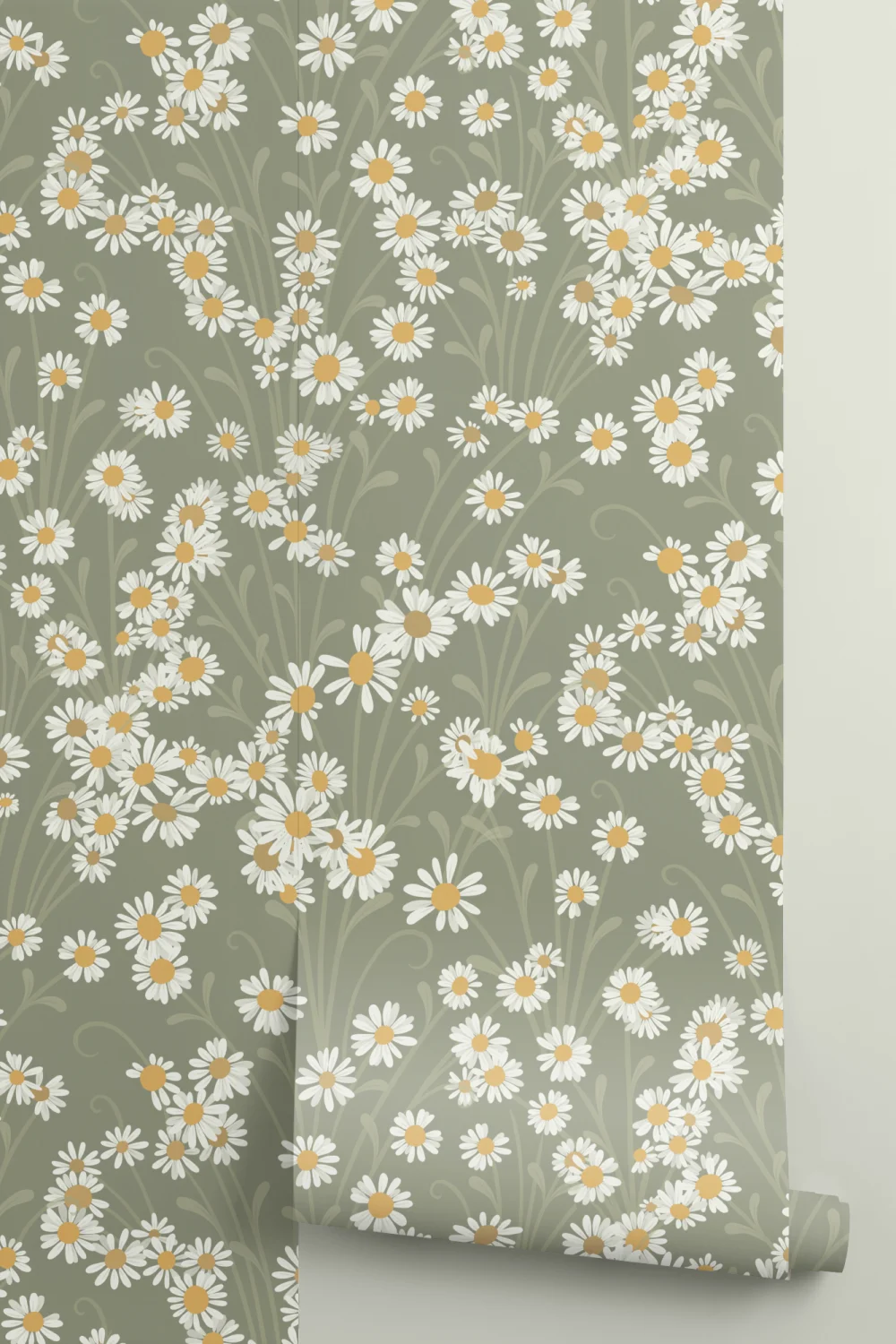 Green Vintage Floral Pattern Mural With Daisies Mural