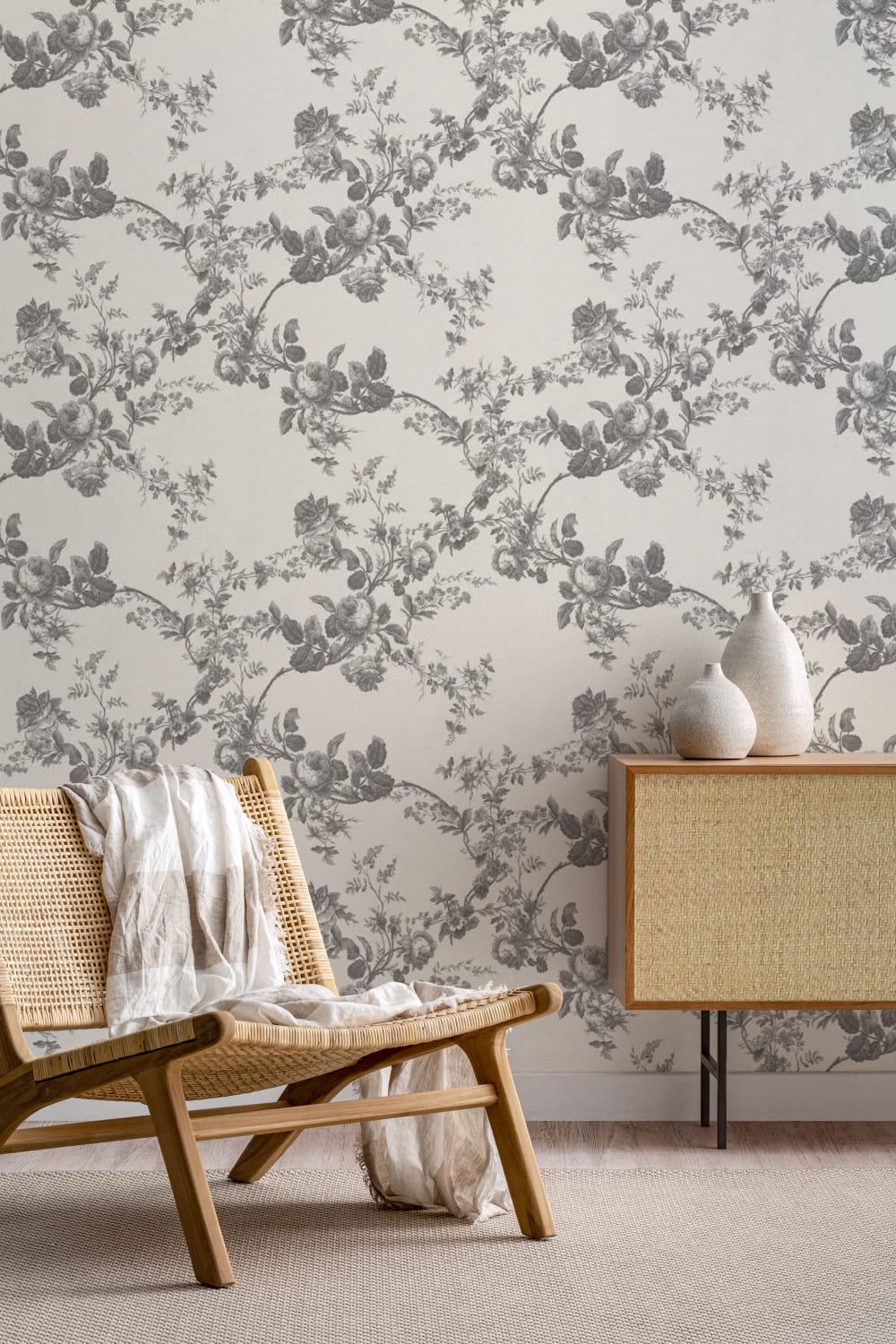 Grey Vintage Floral Pattern Mural Adds Classic Elegance