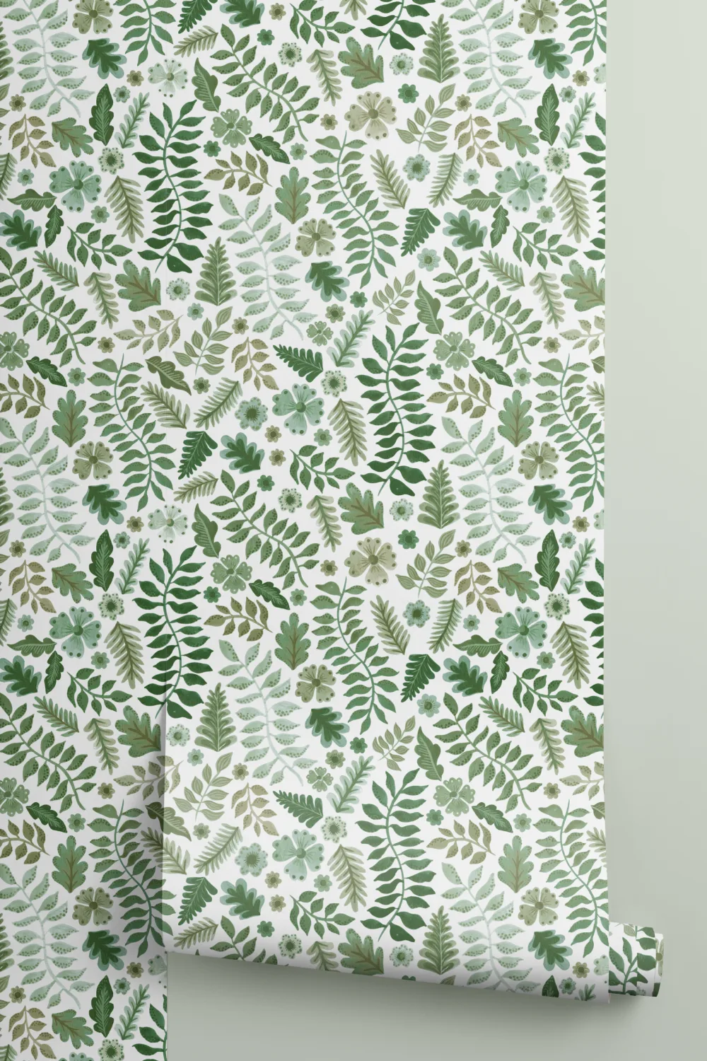 Carta da parati verde indiana con stampa floreale a foglie