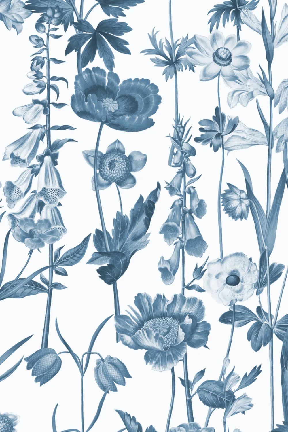 Blauw Wit Geïllustreerd Wilde Bloemen Behang