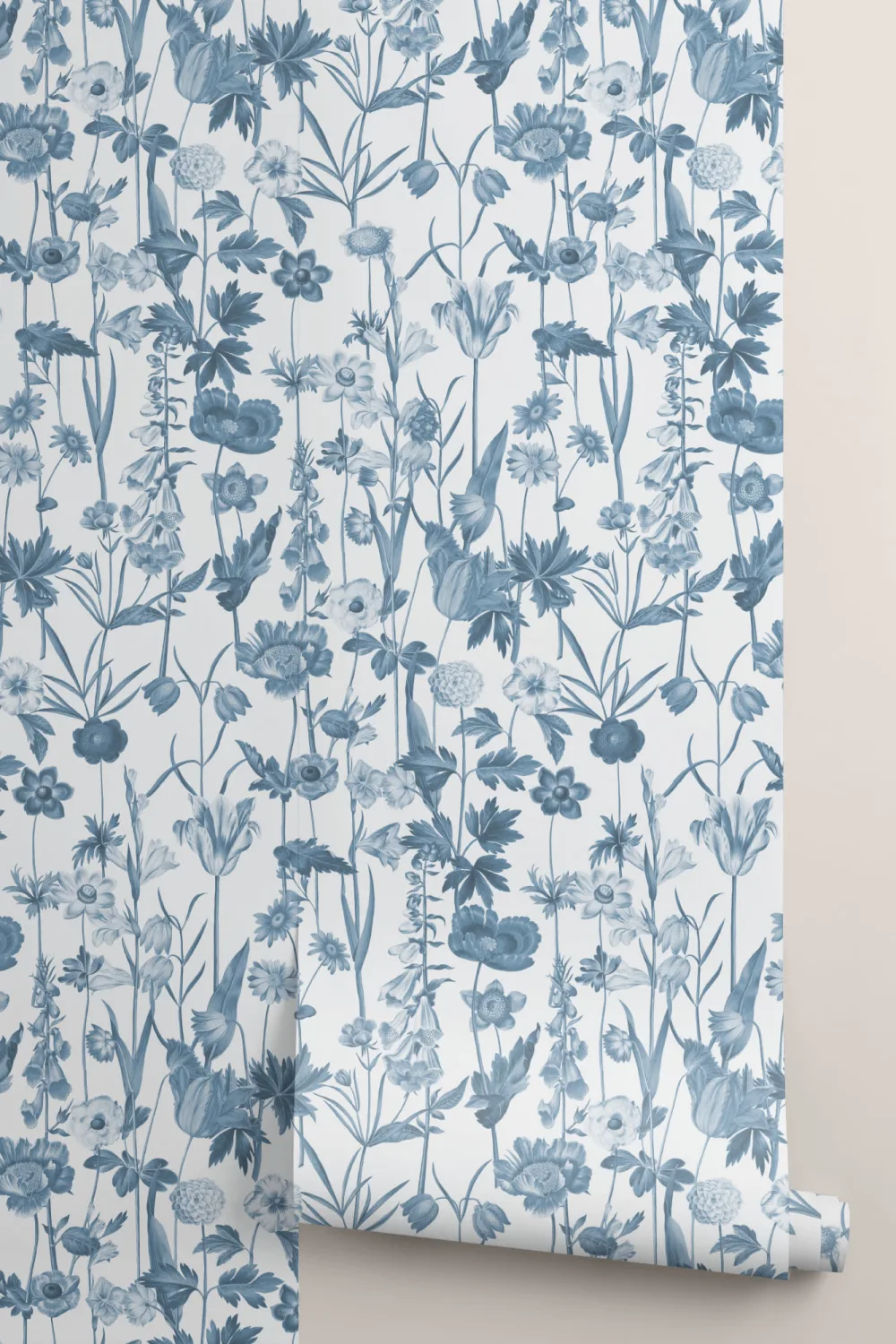 Blauw Wit Geïllustreerd Wilde Bloemen Behang