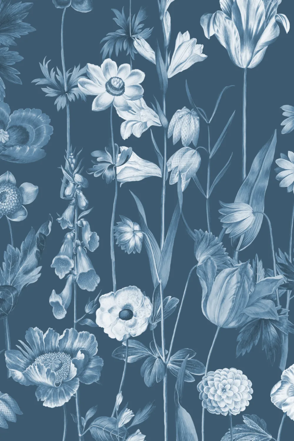 Blue Illustrated Wildflower Wallpaper