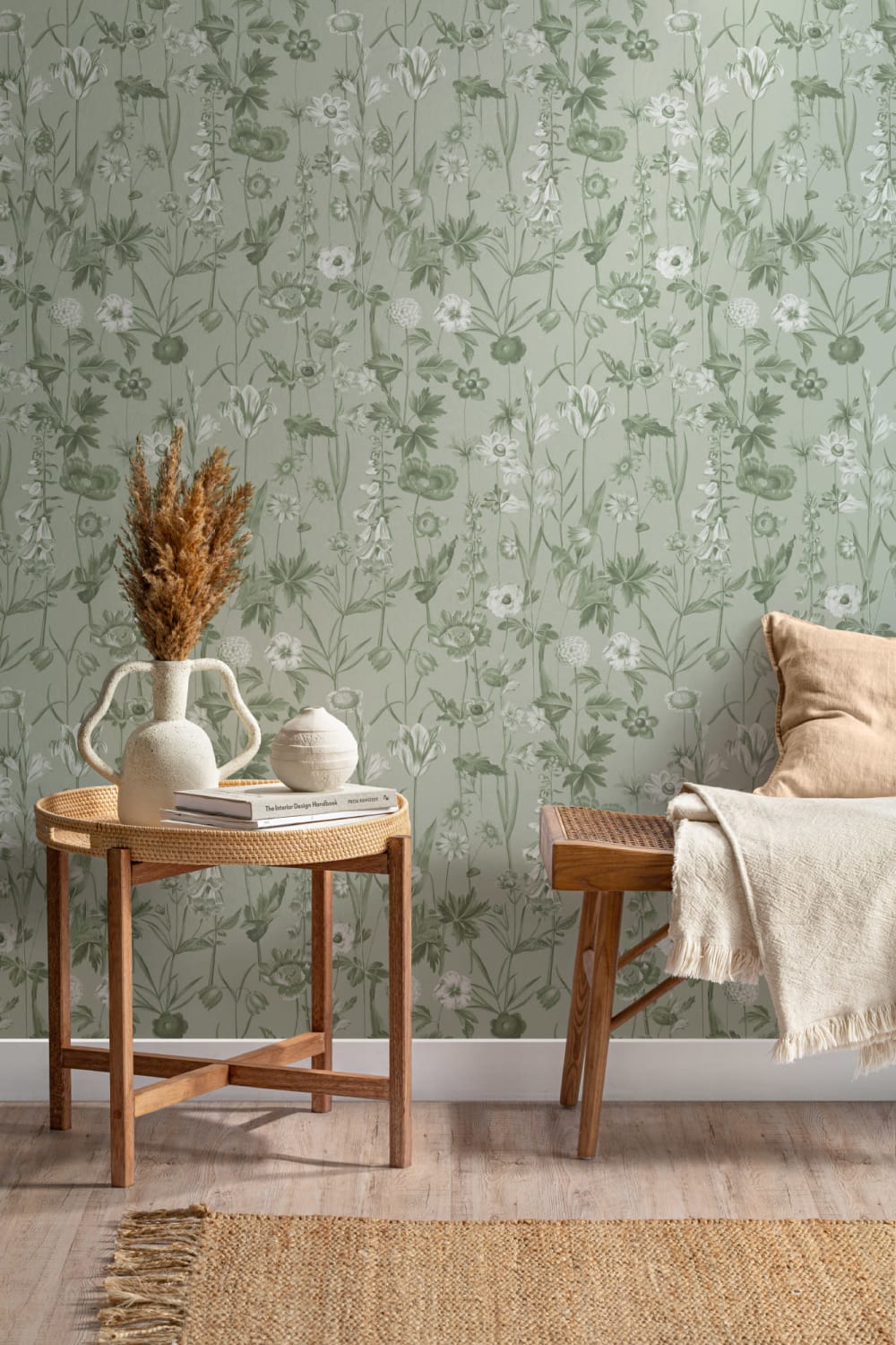 Green Illustrated Wildflower Wallpaper