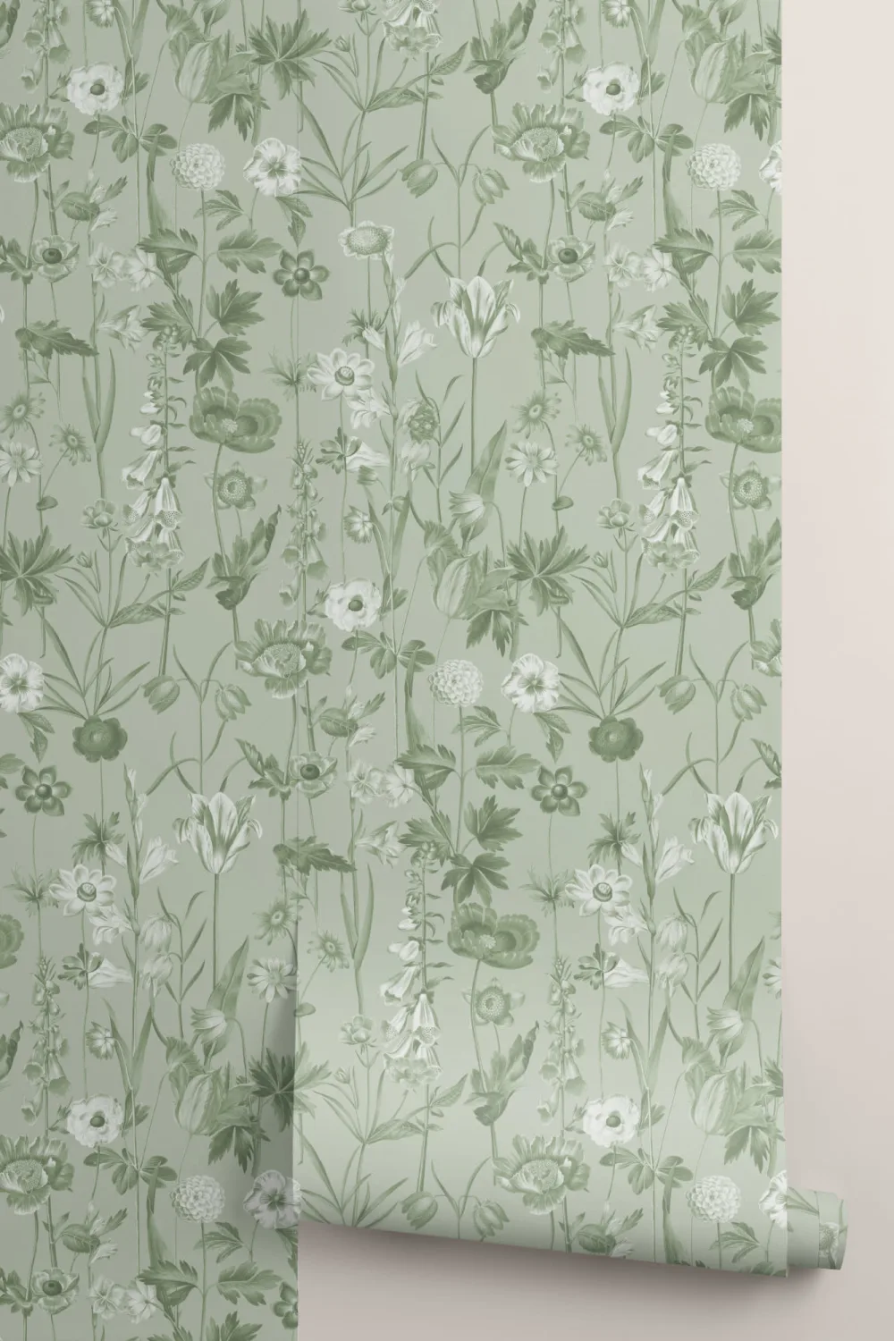 Green Illustrated Wildflower Wallpaper