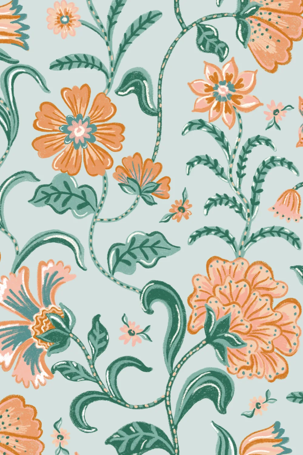 Teal Indian Style Floral Wallpaper