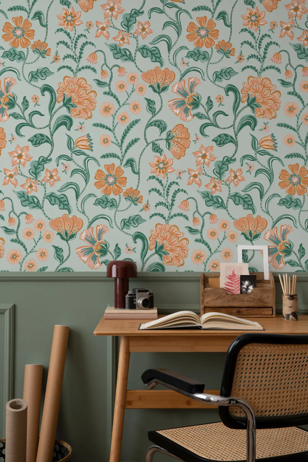 Teal Indian Style Floral Wallpaper