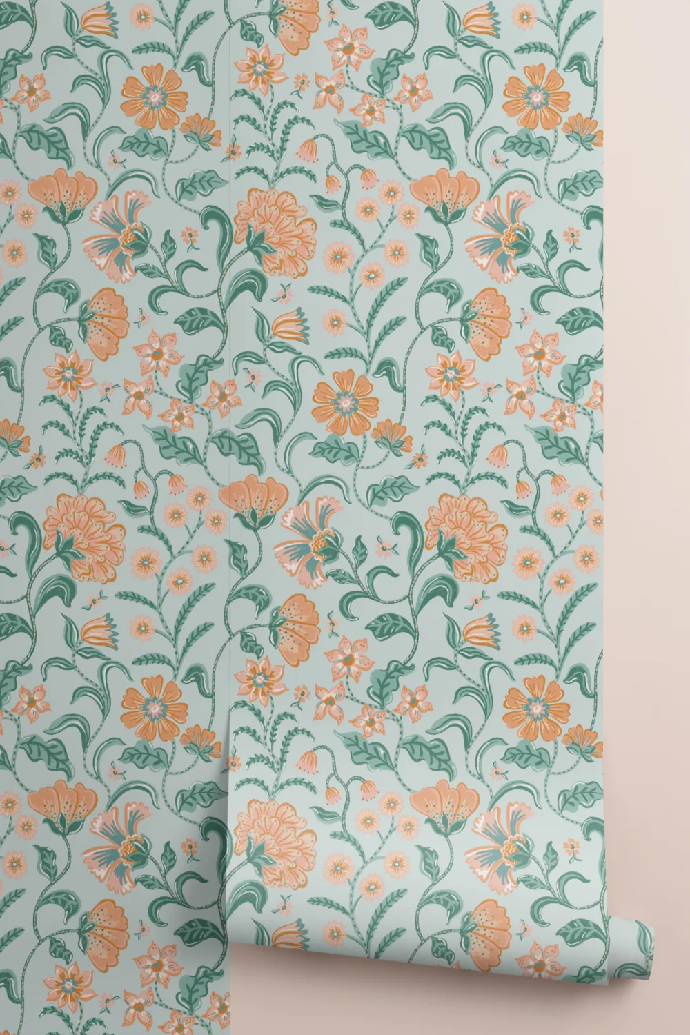 Teal Indian Style Floral Wallpaper
