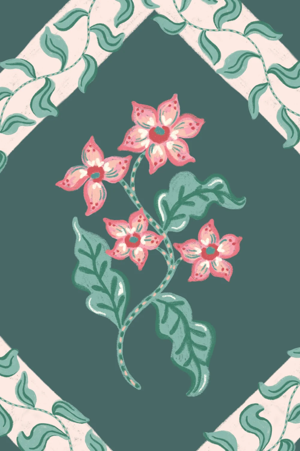 Dark Block Print Botanical Trellis Mural