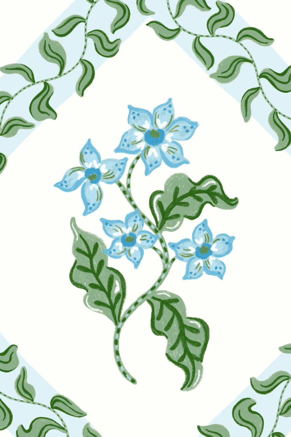 Blue Block Print Botanical Trellis Mural