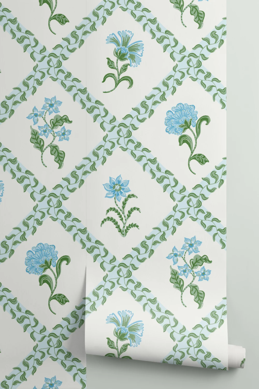 Blue Block Print Botanical Trellis Mural