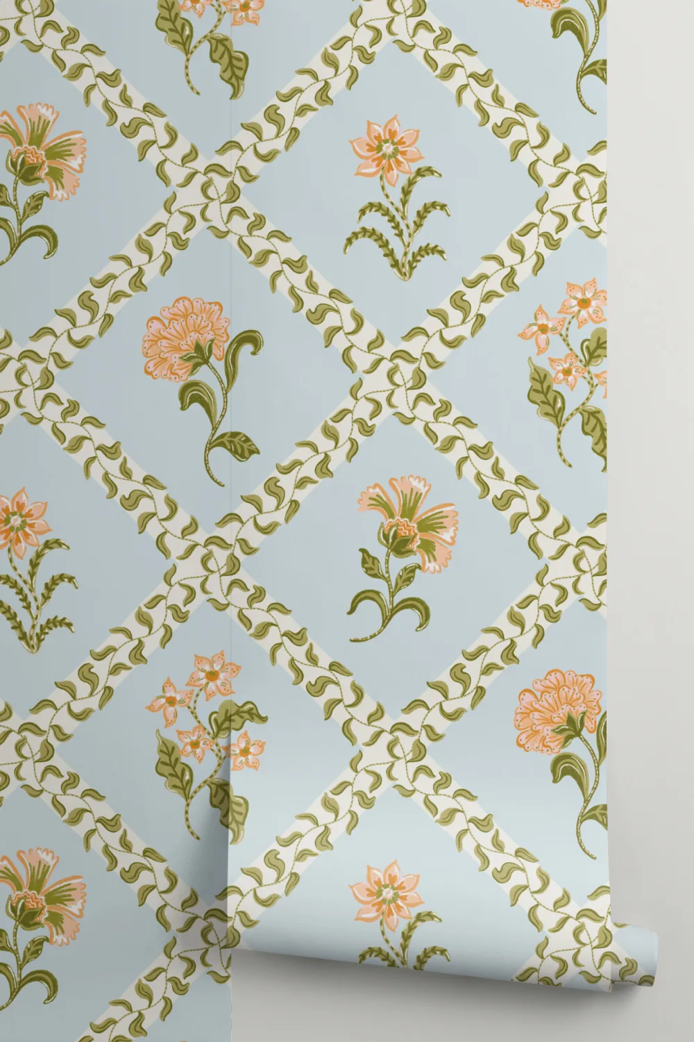 Mural de papel pintado azul claro enrejado botánico