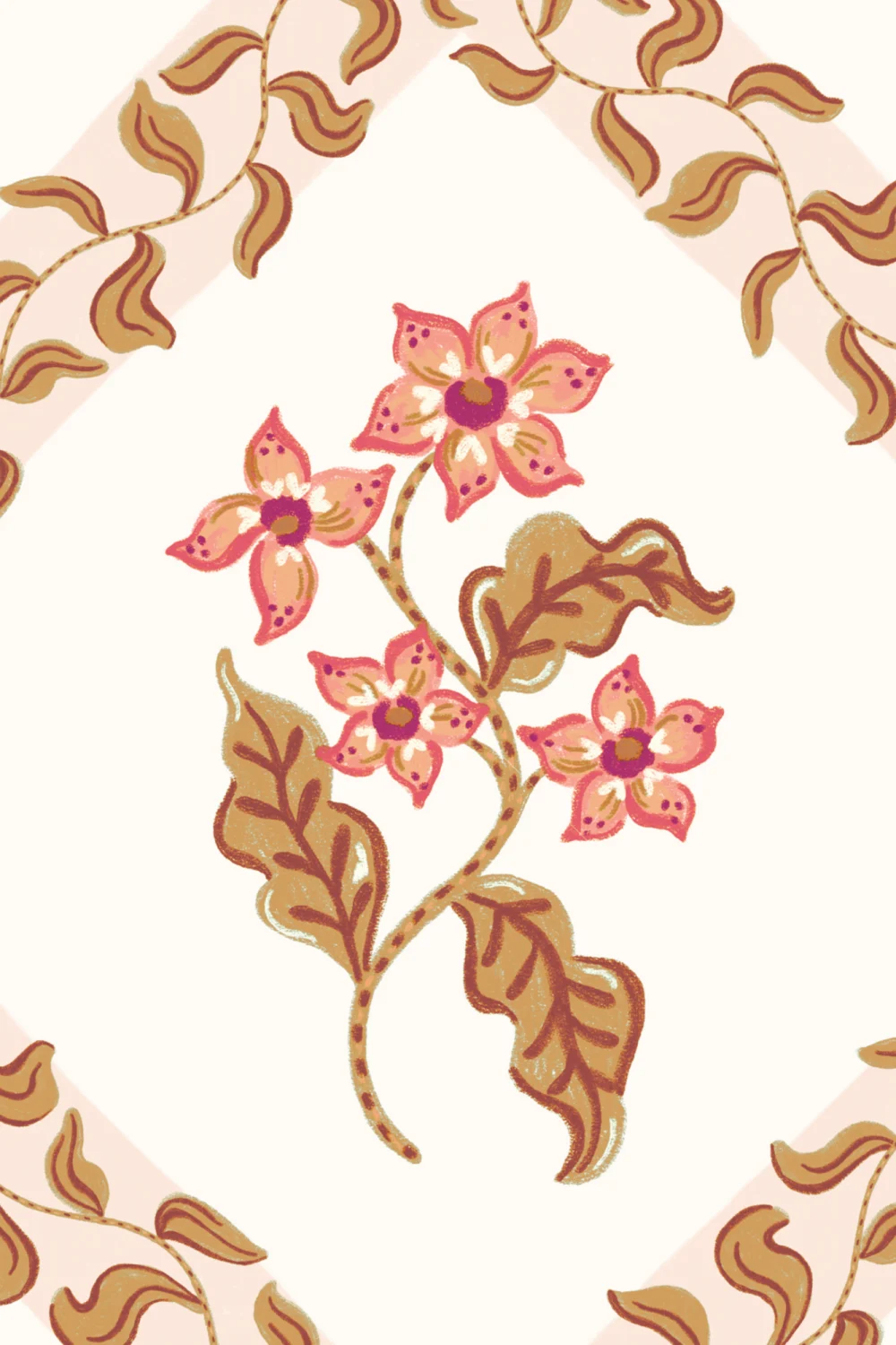 Pink Block Print Botanical Trellis Mural