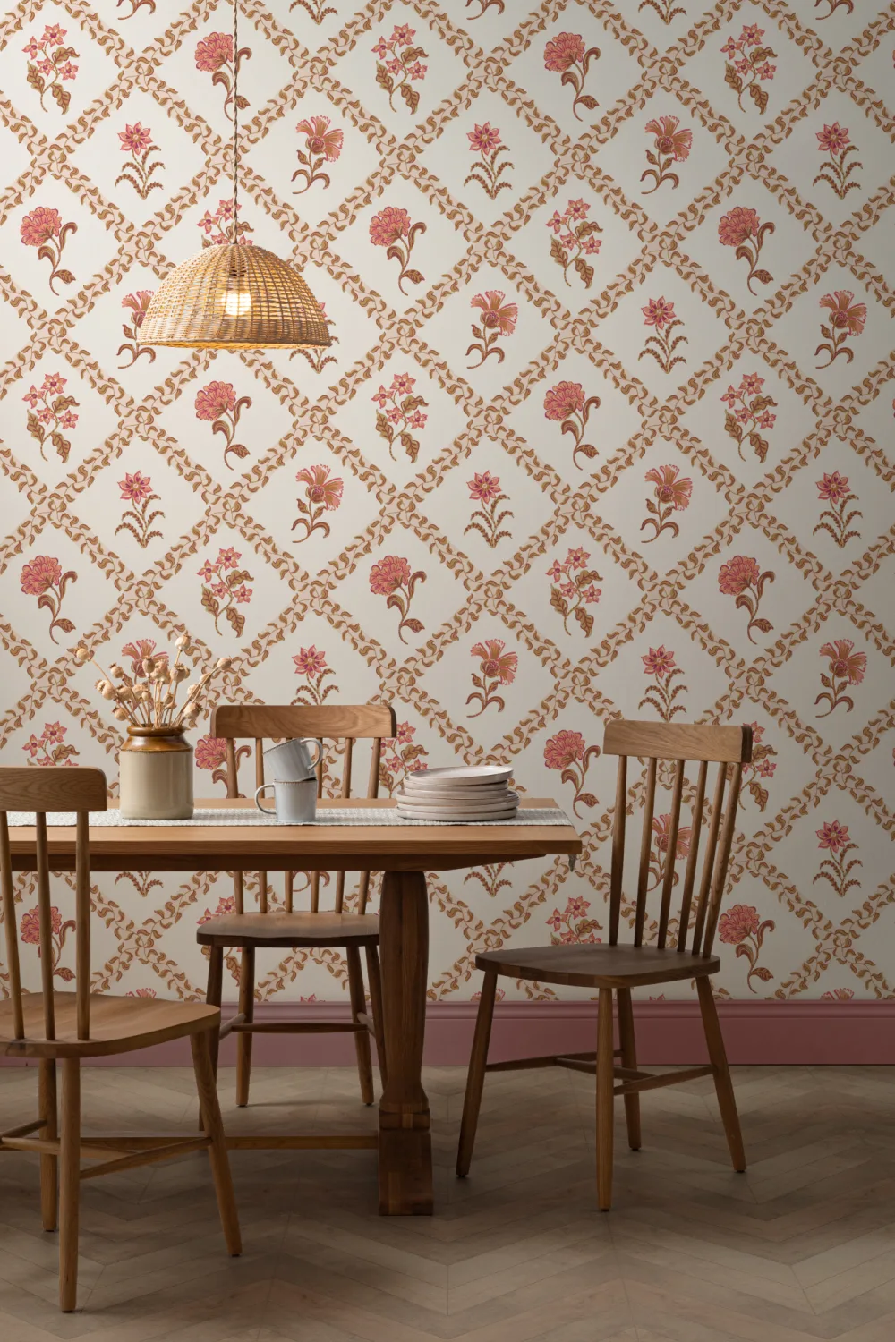 Pink Block Print Botanical Trellis Mural