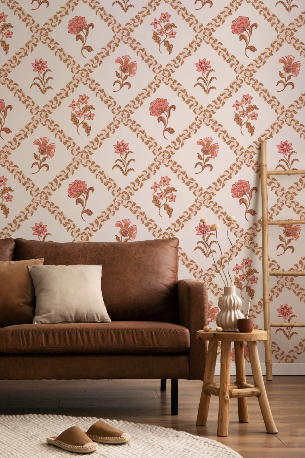 Pink Block Print Botanical Trellis Mural