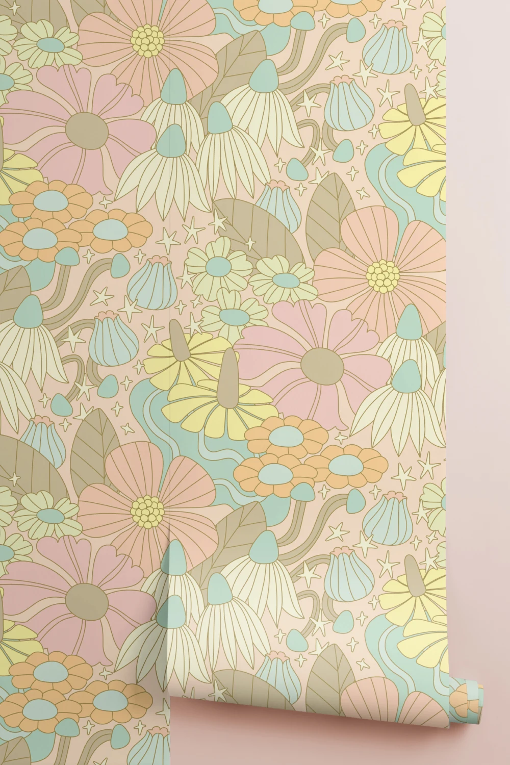 Elizabeth Olwen Kosmische bloemen pastel muurschildering