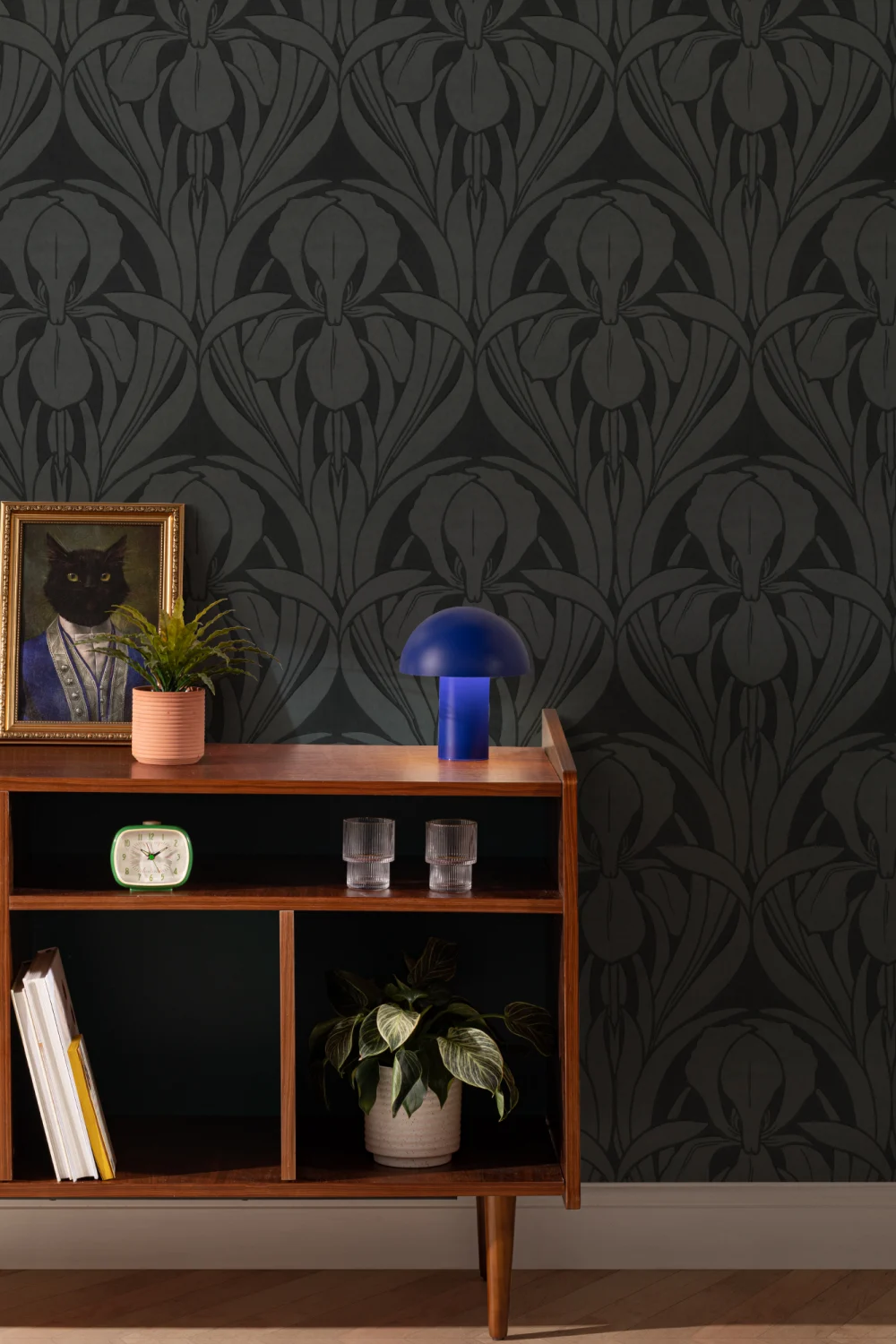 Navy Art Deco Wood Block Iris Mural