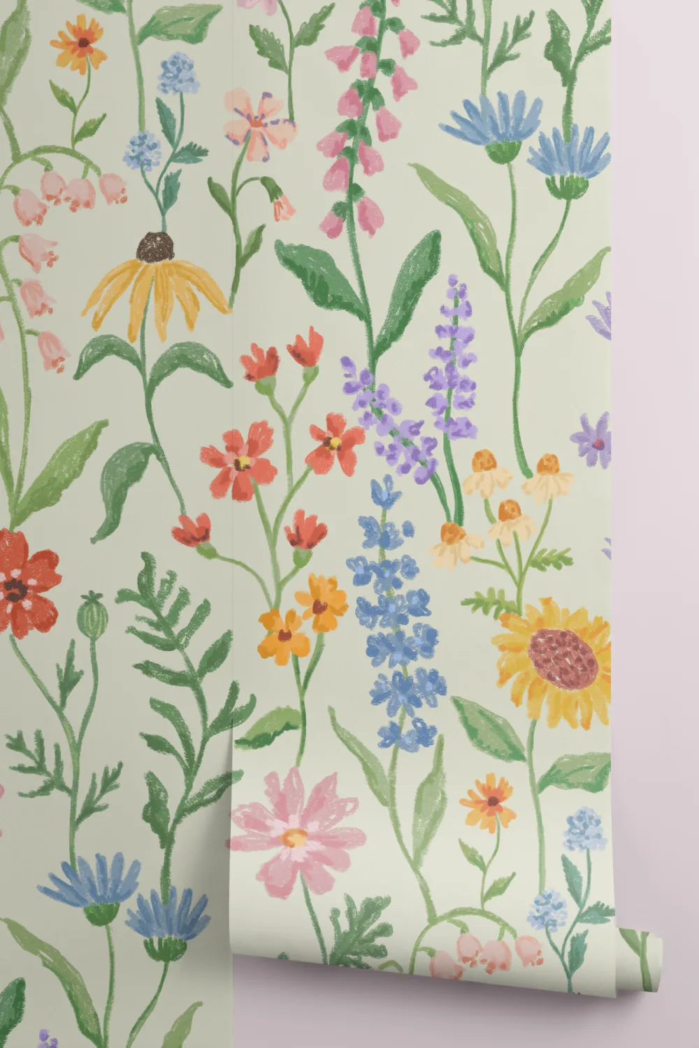 Mural verde de flores silvestres dibujadas a mano