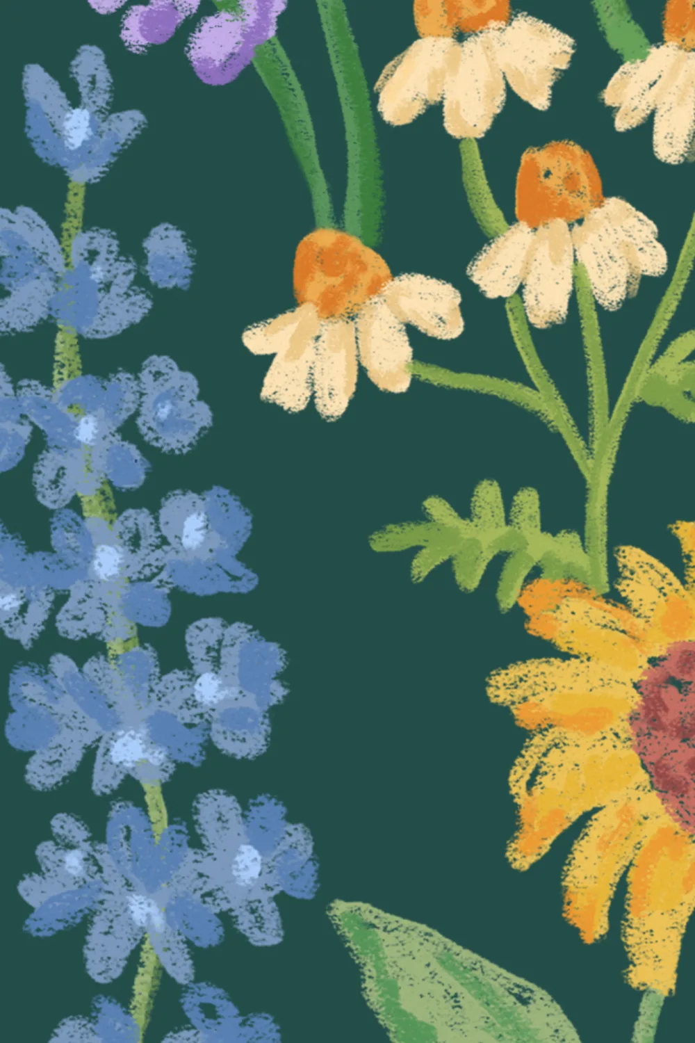 Mural de flores silvestres verde-escuro desenhado à mão