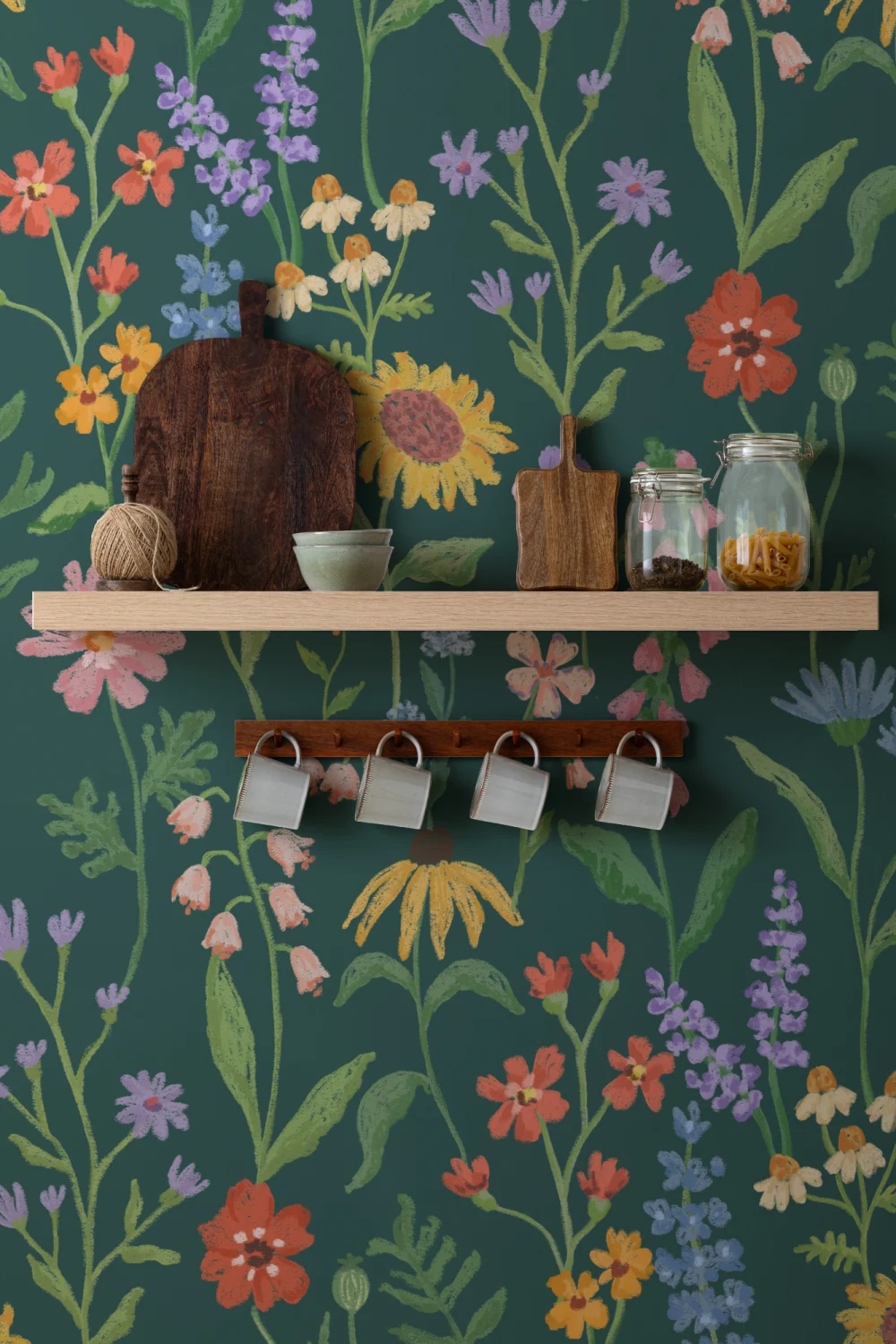 Mural de flores silvestres verde-escuro desenhado à mão