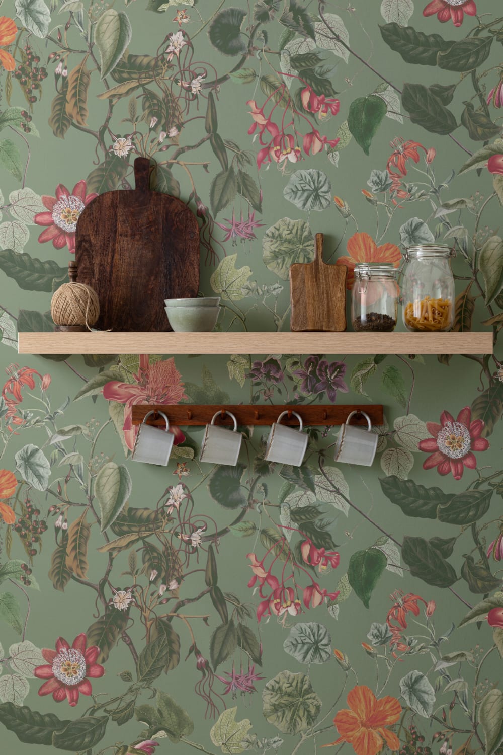Lush Botanical Floral Wall Mural in Verdant Green