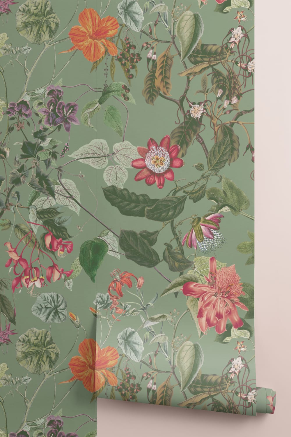 Lush Botanical Floral Wall Mural in Verdant Green