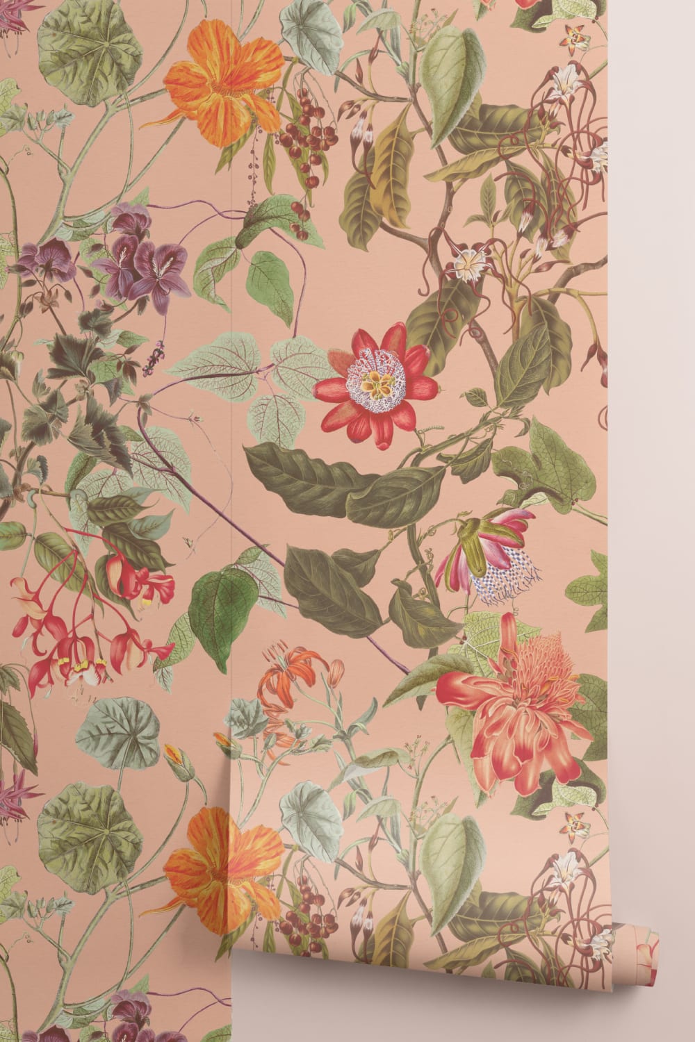 Vintage Botanical Floral Wall Mural in Soft Blush Pink