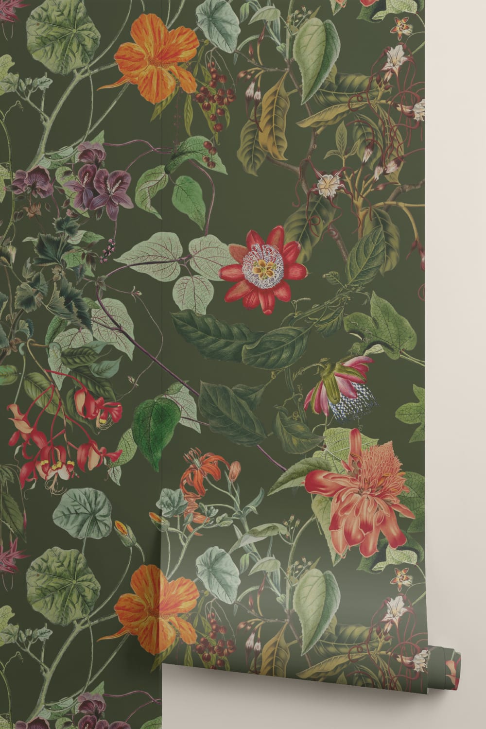 Dramatisk botanisk blomsterfototapet i skoggrønt