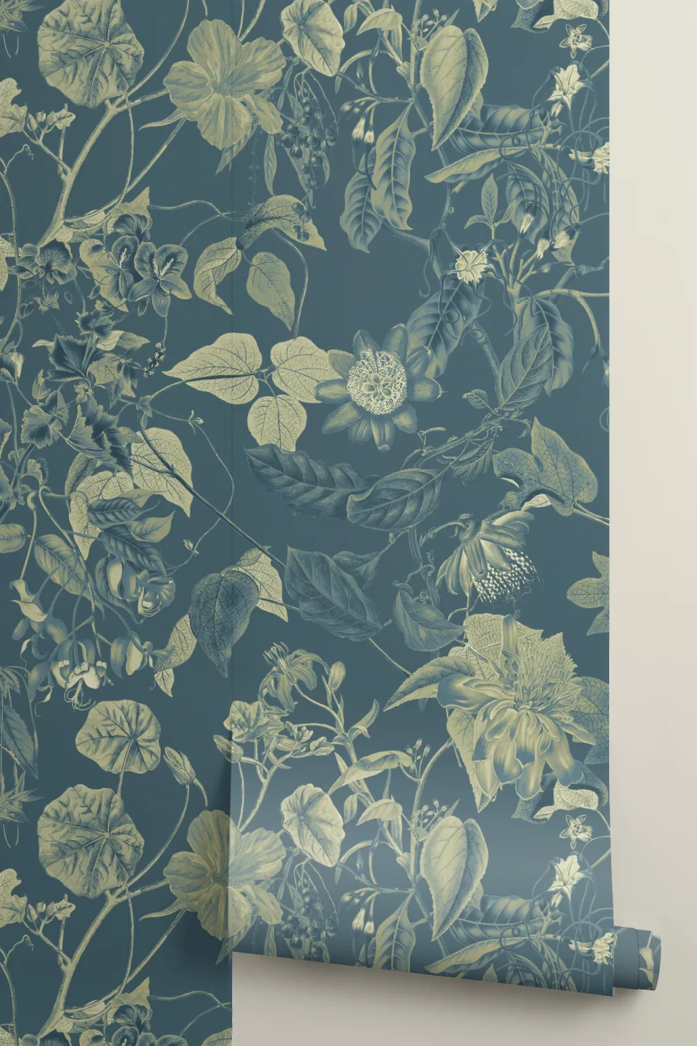 Botanische Fototapete mit Blumen in Blau