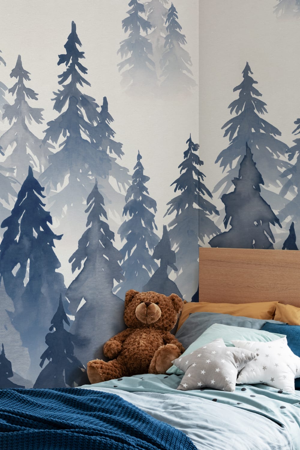 Blue Watercolor Forest Tree Silhouette Wallpaper Mural