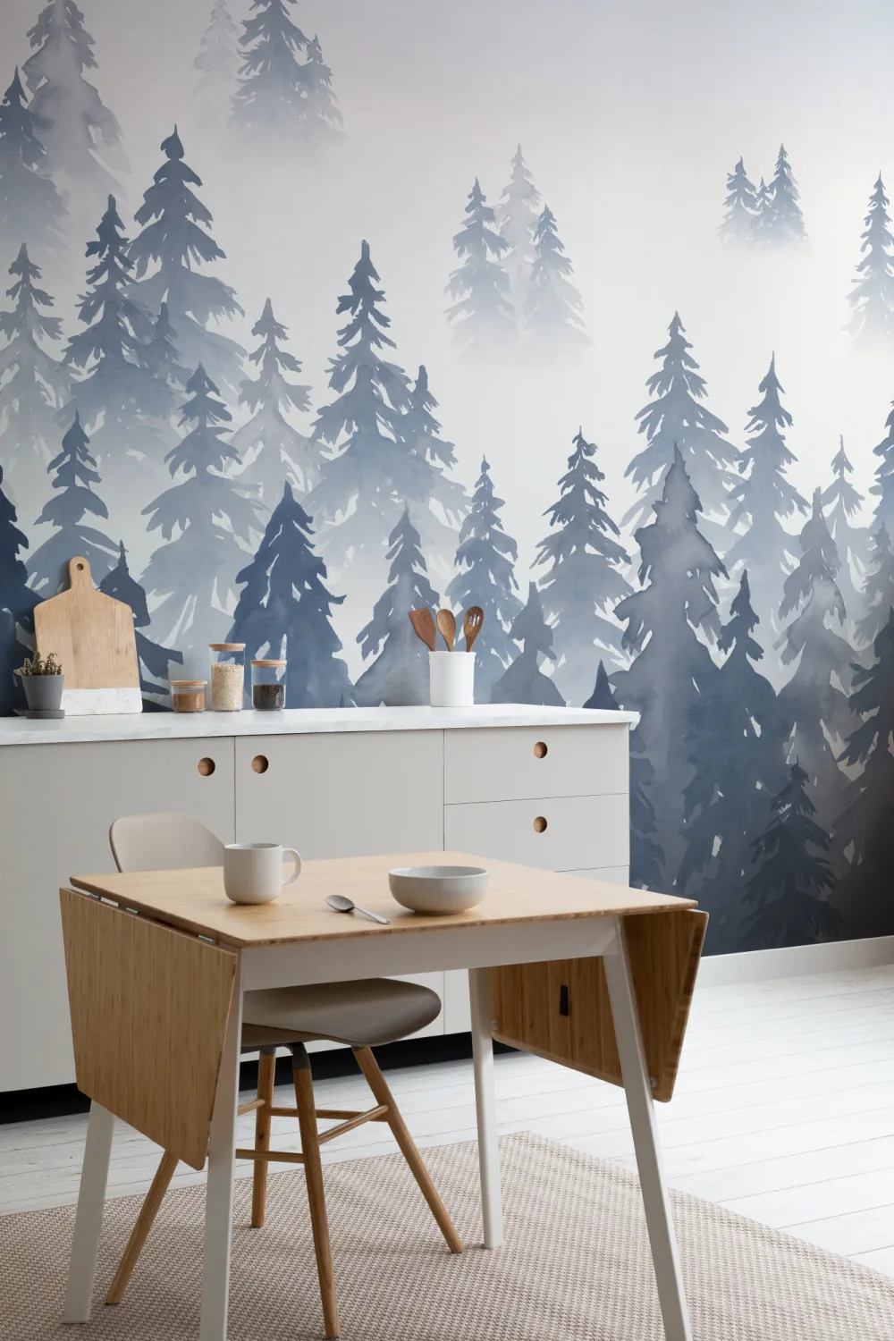Blue Watercolor Forest Tree Silhouette Wallpaper Mural