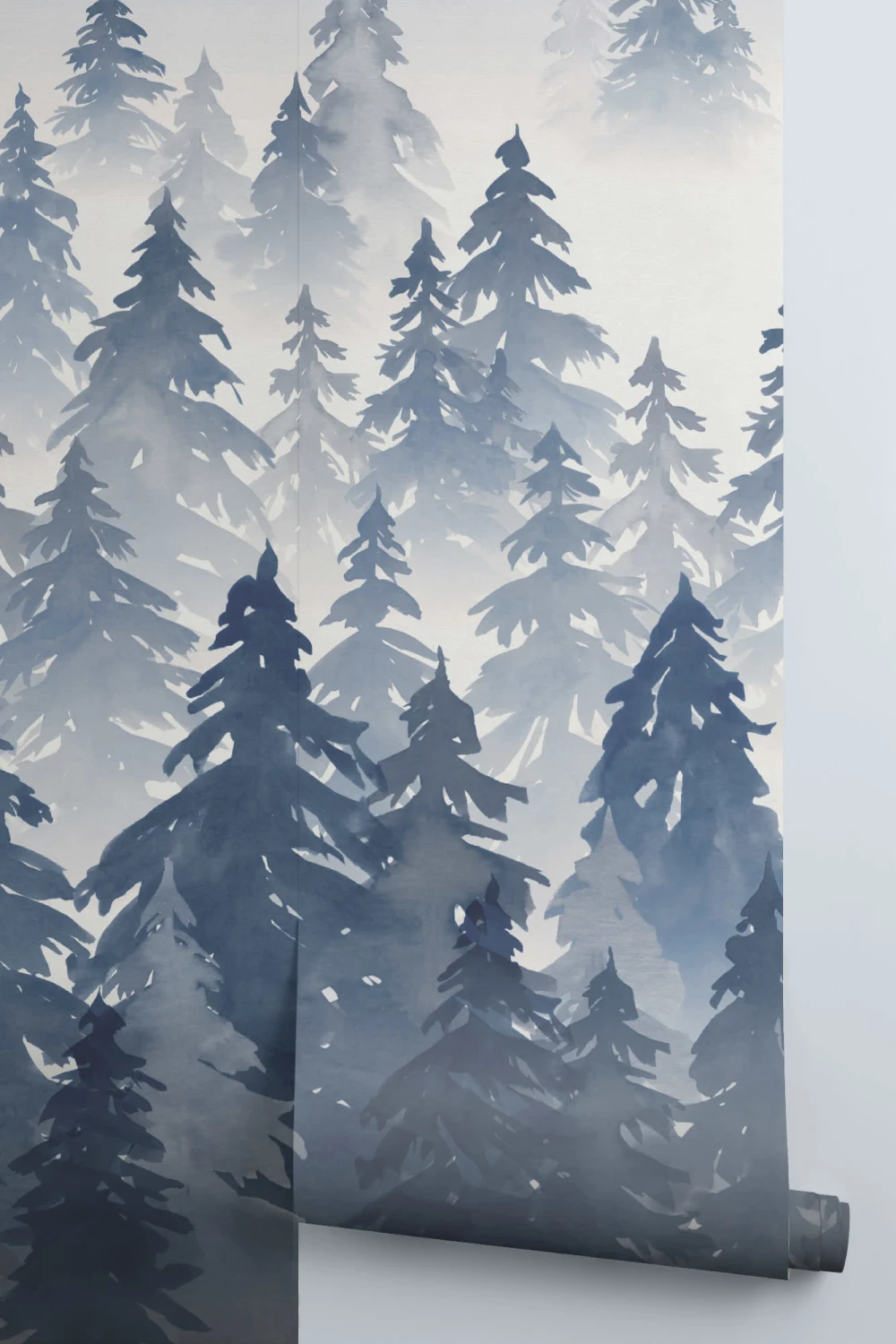Blue Watercolor Forest Tree Silhouette Wallpaper Mural