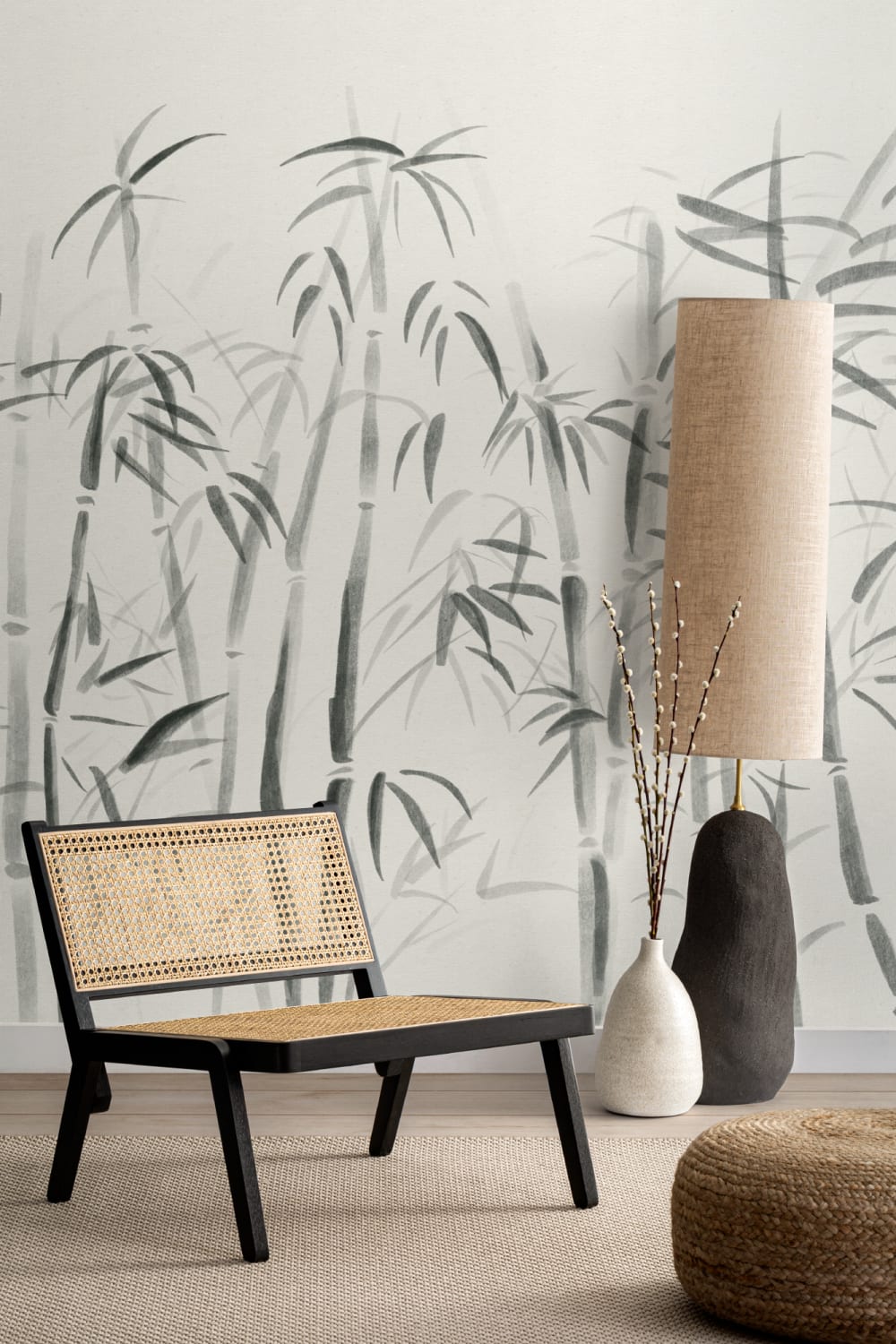 Carta da Parati Orientale Color Crema con Giardino di Bamboo Cinese all’Acquerello