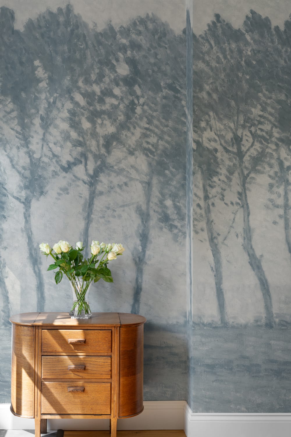 Vintage Rainy Forest Wall Mural in Atmospheric Blues