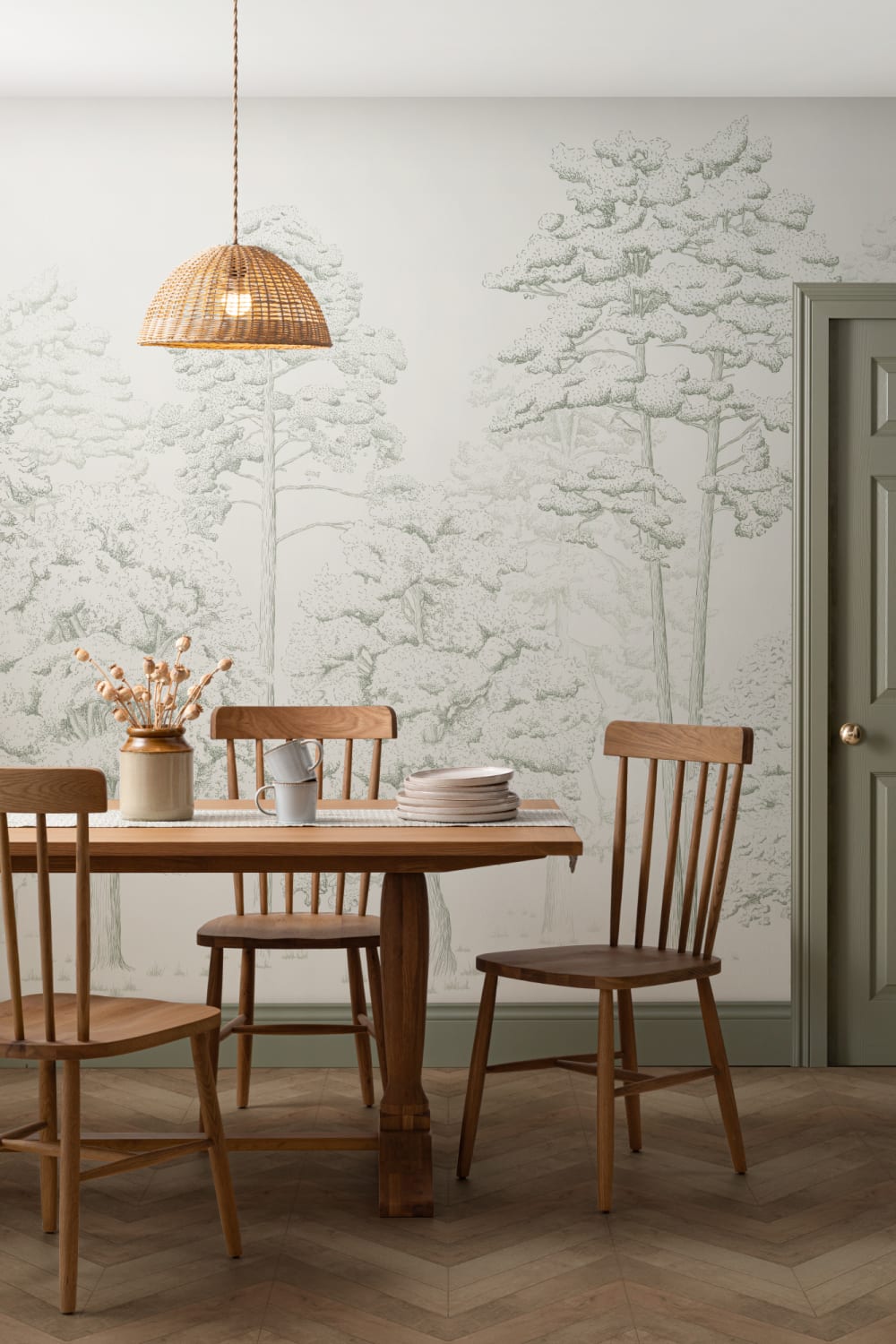 Papier Peint Panoramique Arbres en Forêt Dessinés à la Main