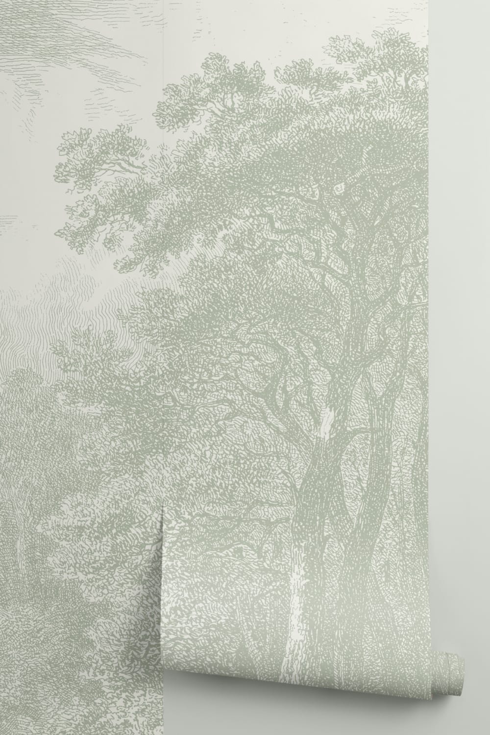 Vintage Forest Etching Wall Mural in Sage Green Tones