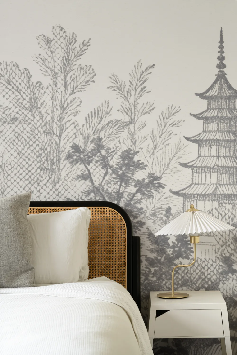 Grey Oriental Pagoda Scene Nature Mural Wallpaper Mural