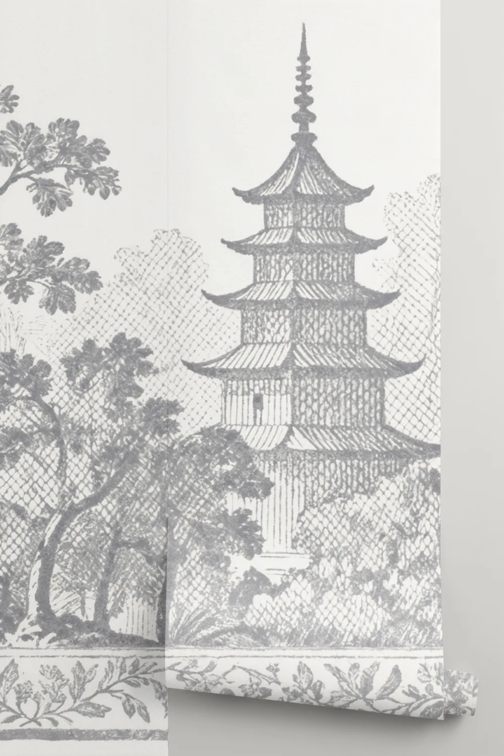 Grey Oriental Pagoda Scene Nature Mural Wallpaper Mural