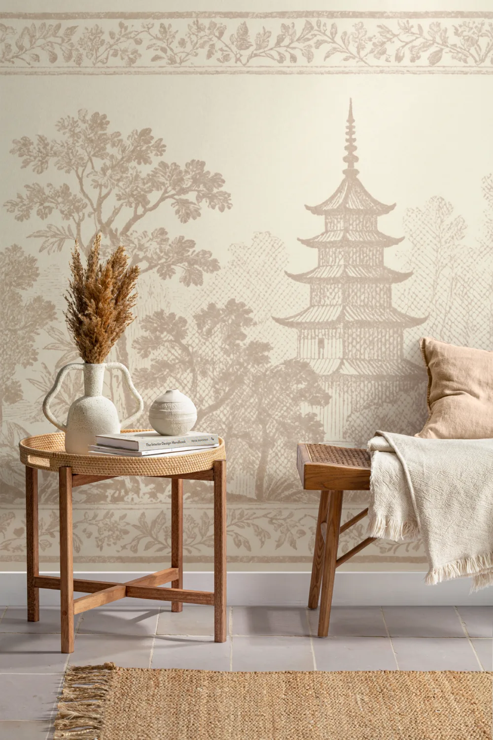 Carta da parati orientale beige Pagoda Paesaggio Serenità
